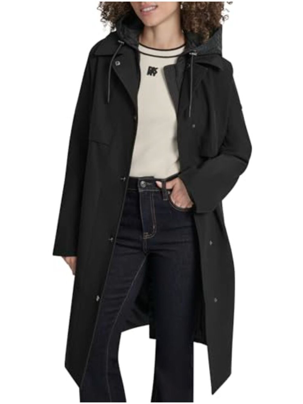 DKNY Belted Trench Coat with Quilted Bib and Hood - Lightweight Water-Resistant